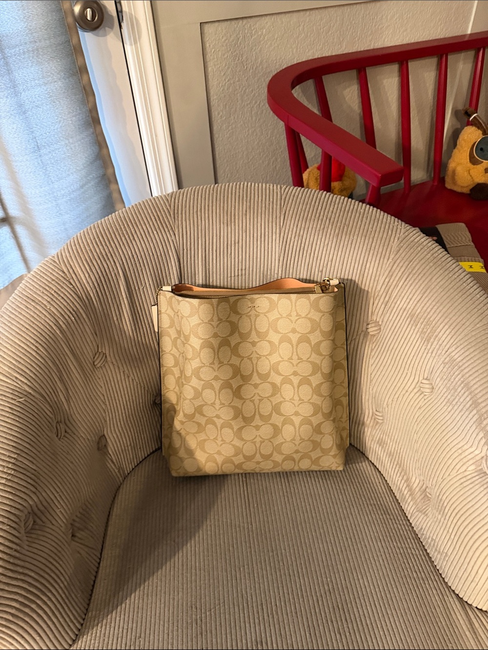 Coach Beige Signature Canvas Shoulder Bag with White Strap - Picture 2 of 6